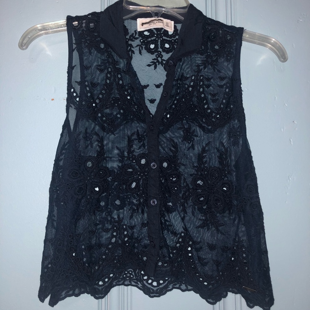Size XS - Navy Blue Crop Lace Blouse